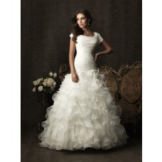 Ball Gown square neck organza ruffle modest wedding dress with sleeves