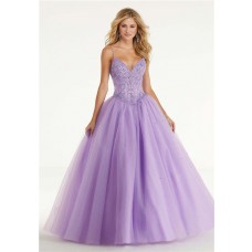 Ball Gown Sweetheart Drop Waist Lilac Tulle Beaded Prom Dress Spaghetti Straps