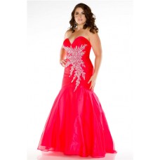 Fabulous Mermaid Sweetheart Long Red Tulle Beading Plus Size Party Prom Dress