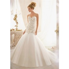 Fit And Flare Trumpet Sweetheart Crystal Heavy Beaded Organza Wedding Dress With Buttons