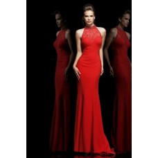 Formal Slim High Neck Long Red Chiffon Lace See Through Evening Prom Dress
