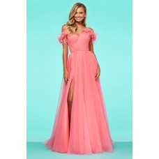 Glamour Long Coral Tulle Feather Off The Shoulder Prom Dress With Slit