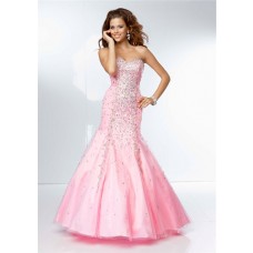 Gorgeous Mermaid Sweetheart Neckline Pink Tulle Beaded Prom Dress Corset Back