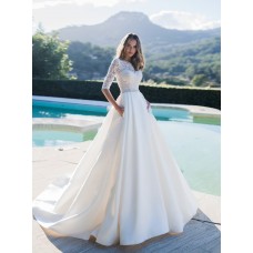 Modest A Line Wedding Dress Satin Lace Sleeves With Pockets