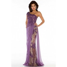 One Shoulder Long Purple Tulle Lace Sequin Beaded Special Occasion Evening Dress 