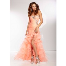 High Low Sweetheart Light Coral Organza Ruffle Beaded Prom Dress Corset Back Side Slit