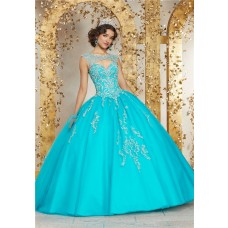 Quinceanera Dress Ball Gown Aqua Tulle Beaded Cut Out Prom Dress