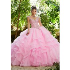 Quinceanera Dress Ball Gown Prom Dress Pink Tulle Ruffle Beaded