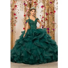 Quinceanera Dress Ball Gown Puffy Dark Green Organza Ruffle Beaded Prom Dress