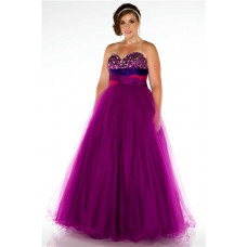 Royal A Line Strapless Empire Waist Long Purple Tulle Beaded Plus Size Prom Dress