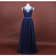 Sexy A Line Illusion Neckline Navy Blue Tulle Lace Mother Of The Bride Evening Dress