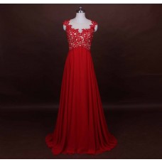 Sexy Illusion Neckline See Through Back Long Red Chiffon Lace Evening Prom Dress Cap Sleeves