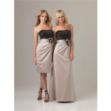 Sheath Column strapless long two color silk satin bridesmaid dress with flowers