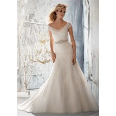 Slim A Line V Neck Cap Sleeve Tulle Lace Wedding Dress With Beading Crystals Sash