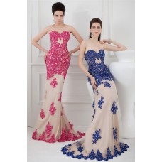 Slim Mermaid Strapless Long Champagne Tulle Red Lace Beaded Evening Prom Dress
