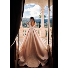 Stunning A Line Backless Wedding Dress Champagne Satin Lace With Long Sleeves