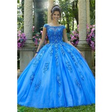 Stunning Ball Gown Prom Dress Sky Blue Tulle Lace Quinceanera Dress Boat Neck