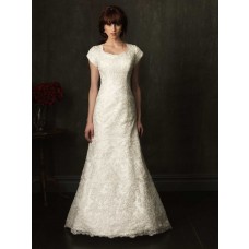 Trumpet Cap Sleeve Ivory Lace Modest Wedding Dress With Buttons