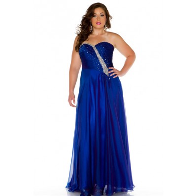 A Line Strapless Sweetheart Long Royal Blue Chiffon Beading Plus Size ...