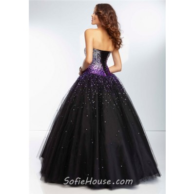 Ball Gown Sweetheart Long Black Tulle Silver Turquoise Blue Ombre ...
