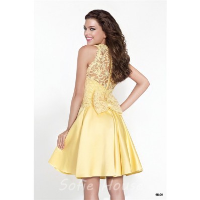Charming Sweetheart Short Yellow Satin Party Prom Dress With Lace Jacket