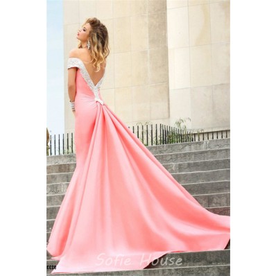 Sexy Mermaid Off The Shoulder Low V Back Light Coral Satin Evening ...