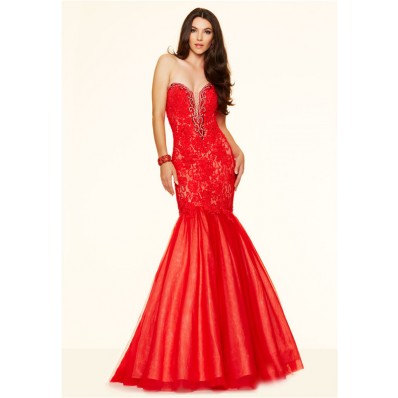 Sexy Mermaid Sweetheart Plunging Neckline Red Tulle Lace Corset Prom Dress