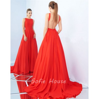 Simple A Line High Neck Backless Neon Orange Chiffon Evening Prom Dress