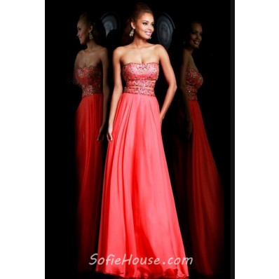 Unique Sexy A Line Cut Out Long Coral Chiffon Gold Beaded Prom Dress ...