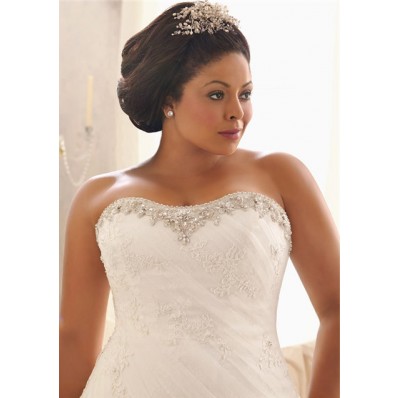 A Line Strapless Sweetheart Ruched Organza Lace Plus Size Wedding Dress ...