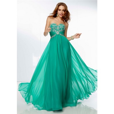 A Line Sweetheart Empire Waist Long Green Chiffon Beaded Prom Dress ...
