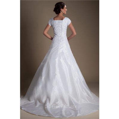 Modest A Line Cap Sleeve Corset Back Ruched Taffeta Lace Wedding Dress