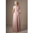 Modest High Neck Long Blush Pink Chiffon Sleeve Beaded Evening Prom Dress With Sash
