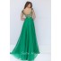 A Line Bateau Neck Cap Sleeve Open Back Long Emerald Chiffon Beaded Prom Dress