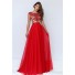 A Line Bateau Neck Cap Sleeve Open Back Long Red Chiffon Beaded Prom Dress