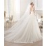 A Line Bateau Neckline Three Quarter Sleeve Lace Tulle Wedding Dress With Flowers