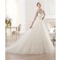 A Line Bateau Neckline Three Quarter Sleeve Lace Tulle Wedding Dress With Flowers