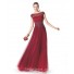 A Line Boat Neck Cap Sleeve Red Tulle Beaded Long Evening Prom Dress