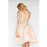 A Line Boat Neck Short Champagne Tulle Lace Crystal Beaded Prom Dress Open Back