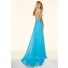A Line Cap Sleeve High Slit Long Blue Chiffon Beaded Two Piece Prom Dress