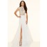 A Line Cap Sleeve High Slit Long White Chiffon Beaded Two Piece Prom Dress