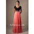 A Line Cap Sleeve Long Black And Coral Chiffon Evening Prom Dress Beaded Belt