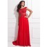 A Line Cap Sleeve Open Back Red Chiffon Lace Beaded Long Prom Dress