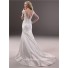 A Line Cap Sleeve V Neck Taffeta Lace Wedding Dress With Low Back Buttons