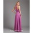A Line Halter V Neck Long Purple Chiffon Wedding Guest Bridesmaid Dress With Ruffle