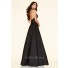 A Line High Neck Backless Long Black Taffeta Beaded Prom Dress