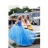 A Line High Neck Backless Long Blue Tulle Lace Beaded Evening Prom Dress Open Back
