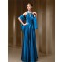 A Line High Neck Front Cut Out Open Back Blue Satin Draped Evening Dress With Shawl