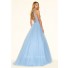 A Line High Neck Open Back Long Light Blue Tulle Beaded Prom Dress