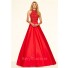 A Line High Neck Open Back Long Red Satin Beaded Rhinestone Prom Dress